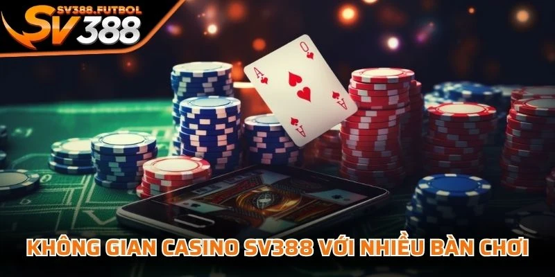 Không gian casino SV388 với nhiều bàn chơi trực tuyến được sắp xếp rõ ràng